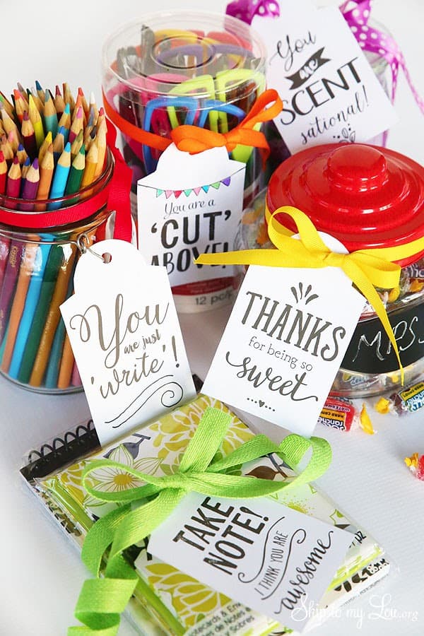 Cute teacher gift tags on pencil jars, candy jars, and notepad