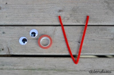 Red pipe cleaner folded into a V and wiggly eyes