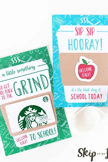 two printable back to school cards for coffee gift cards