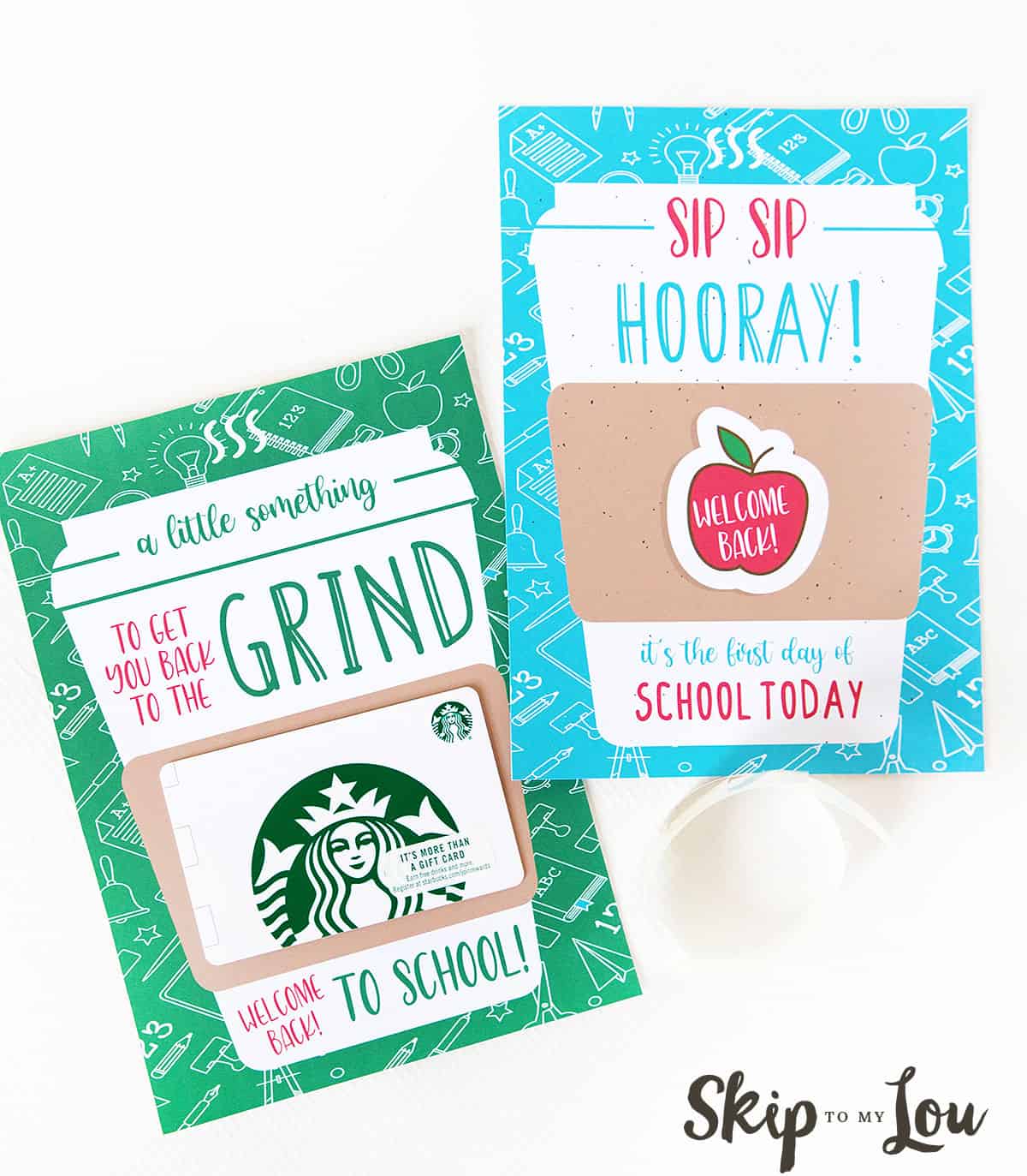 two printable back to school cards for coffee gift cards