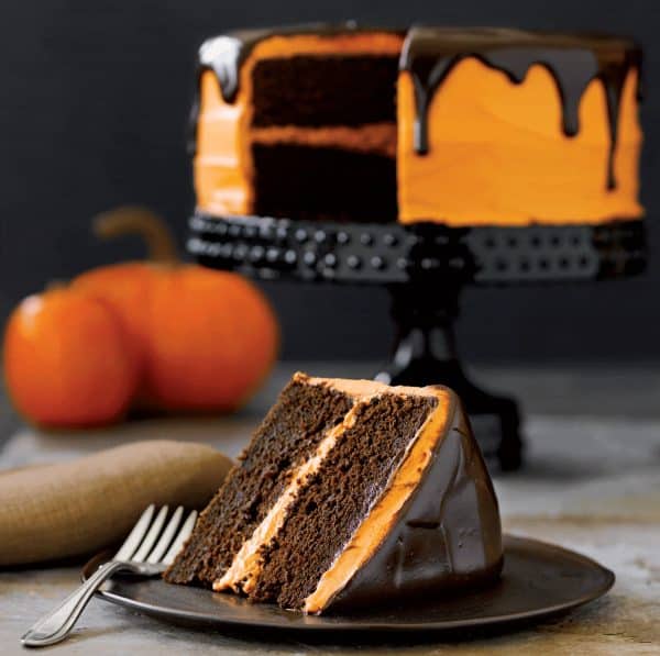 Image shows a slice of a chocolate pumpkin cake