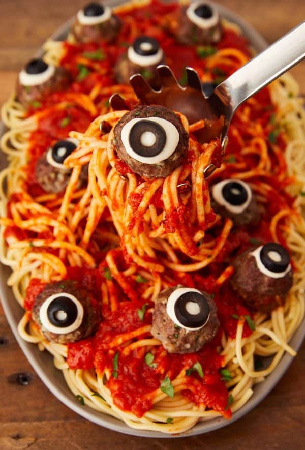 Image shows a pasta with meatballs decorated as eyes.