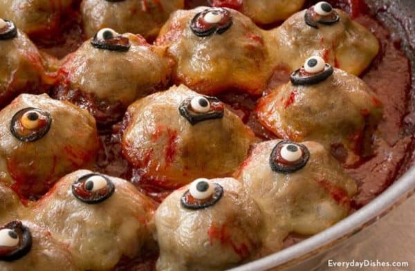 Image shows several meatball eyes for Halloween.