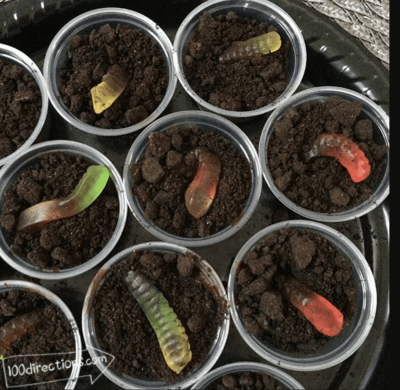 Image shows different cups with a dirt and worms treat.