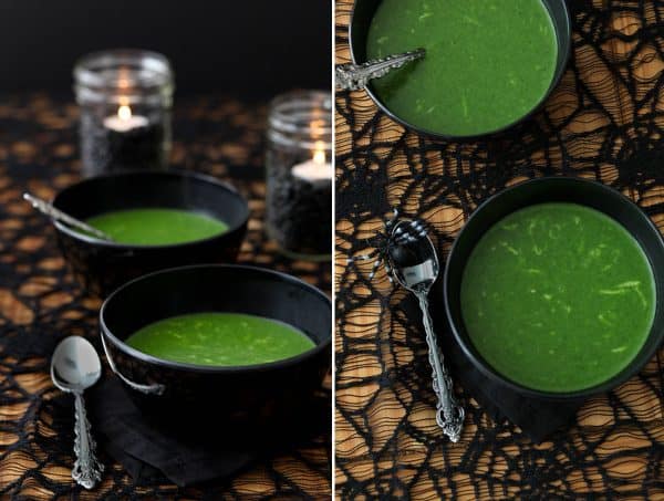 Image shows two pictures of a spinach soup bowl with Halloween decorations.