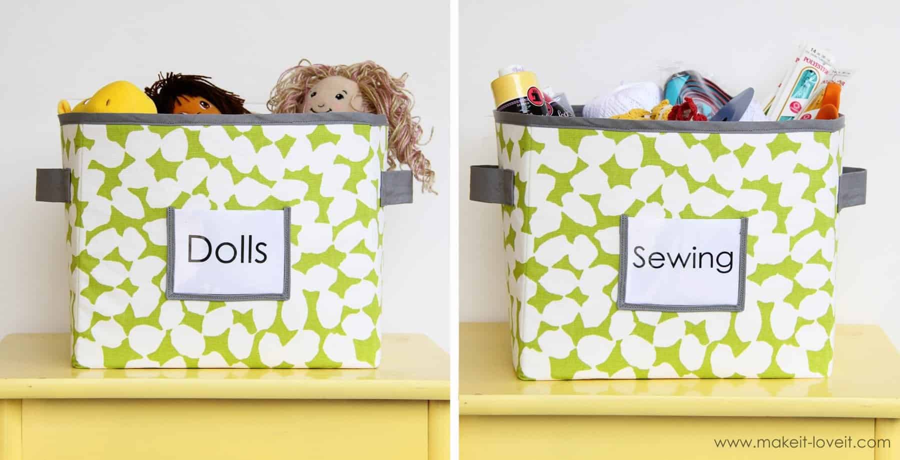 Two fabric bins with lime green and white fabric, with gray lining, trim and handles; each bin is labeled identifying what is in them, the first is labeled Dolls and the second is labeled sewing