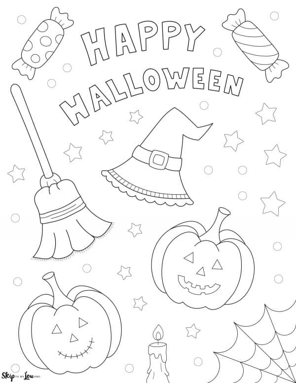 happy halloween candy pumpkins broom witch hat drawings