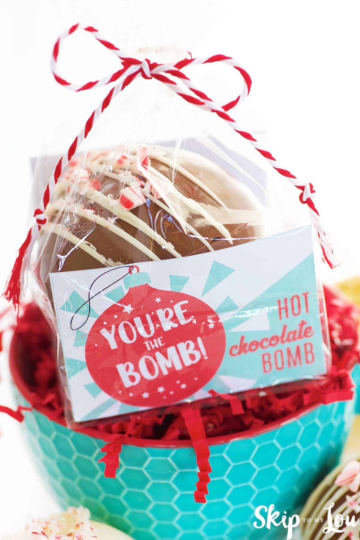 packaged cocoa bomb sitting in red teal mug with red paper shreds