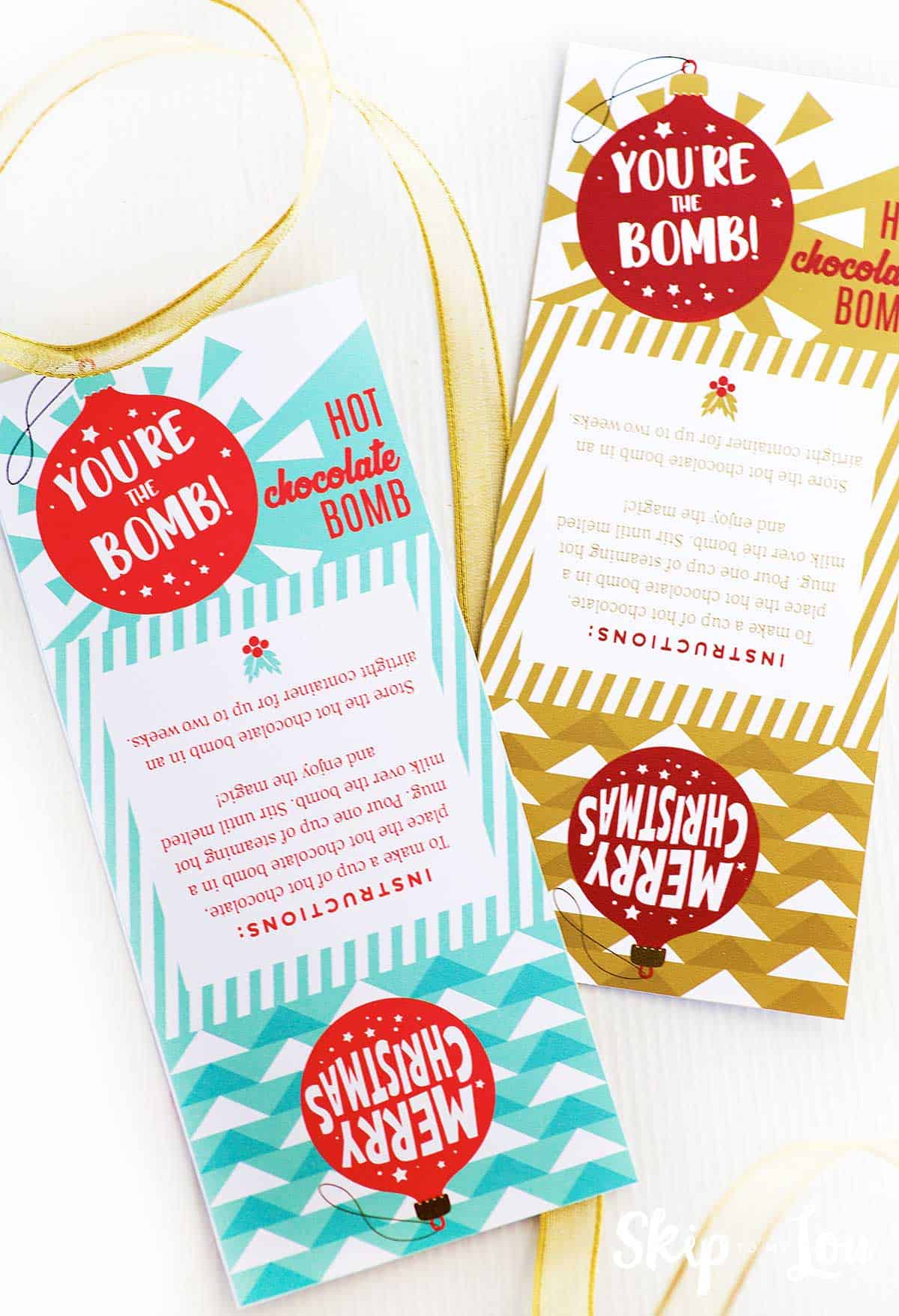 free cocoa bomb packaging printable in tea and one in gold