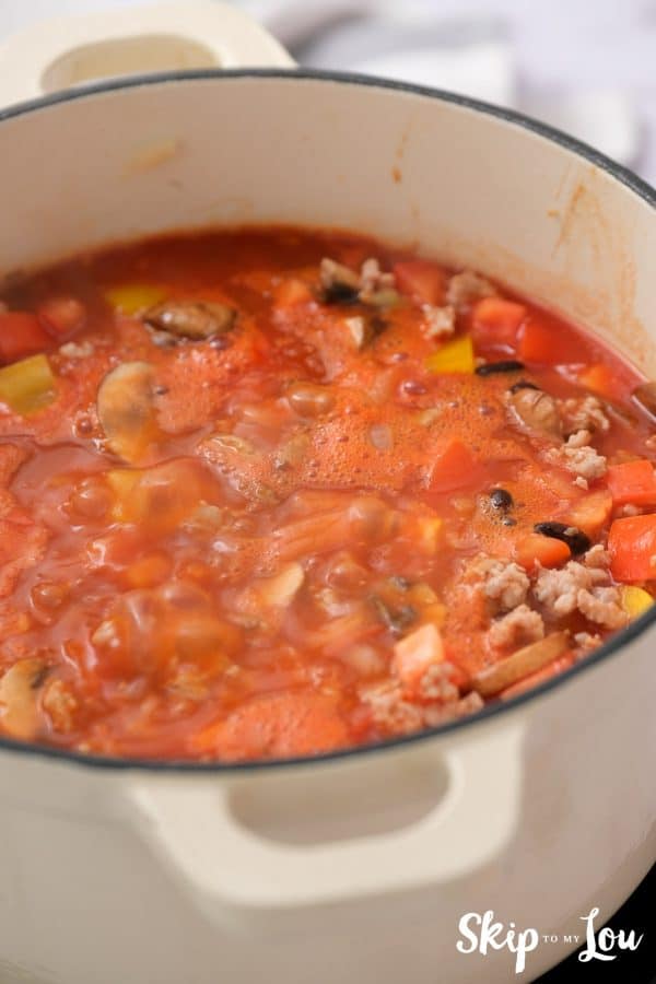 all the weight loss soup ingredients mixed together in the white pot