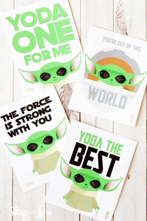 4 baby Yoda Valentine cards: Yoda one for me; You're out of this world; the force is strong with you; Yoda best