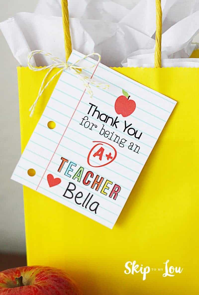 thank you teacher printable gift tag on yellow bag