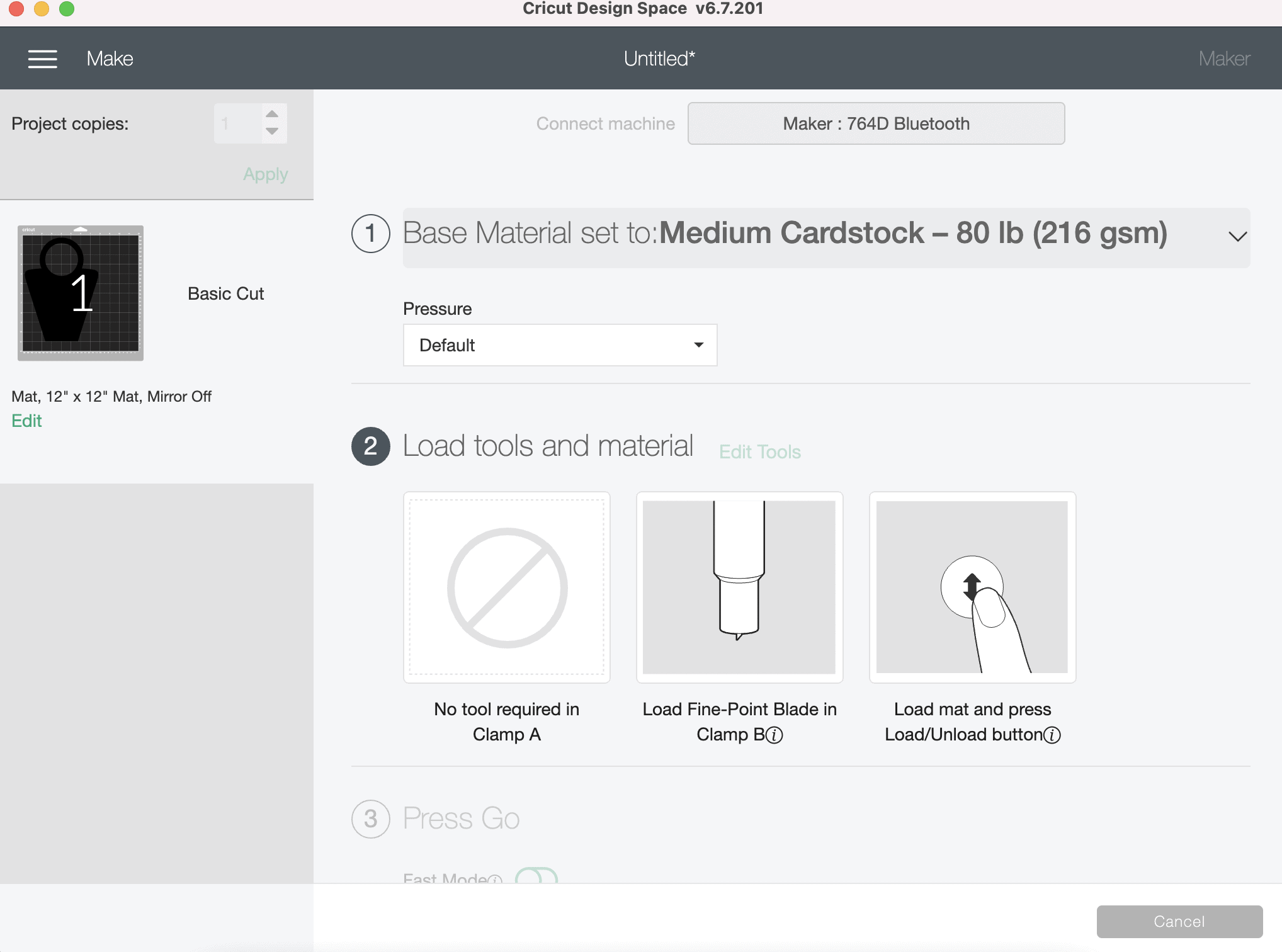 design space screen with go selection to cut may baskest template