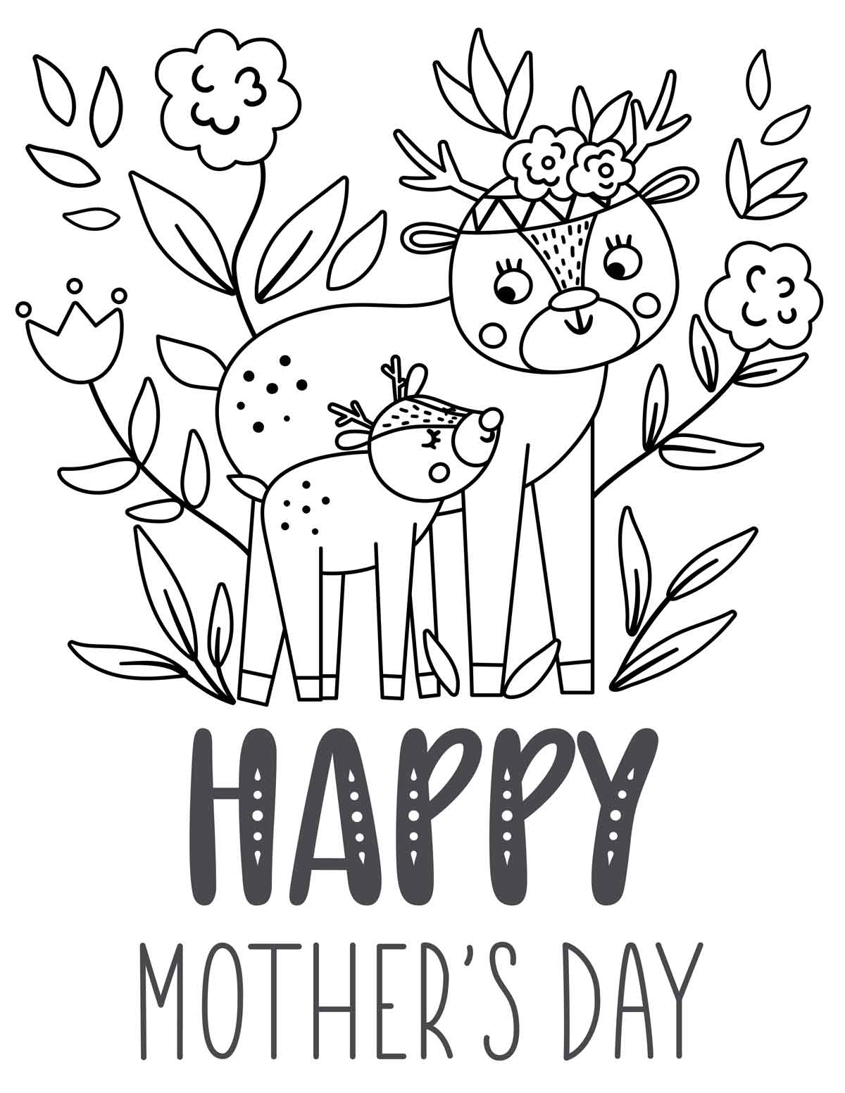 two cute deer to color page says says happy mother's day
