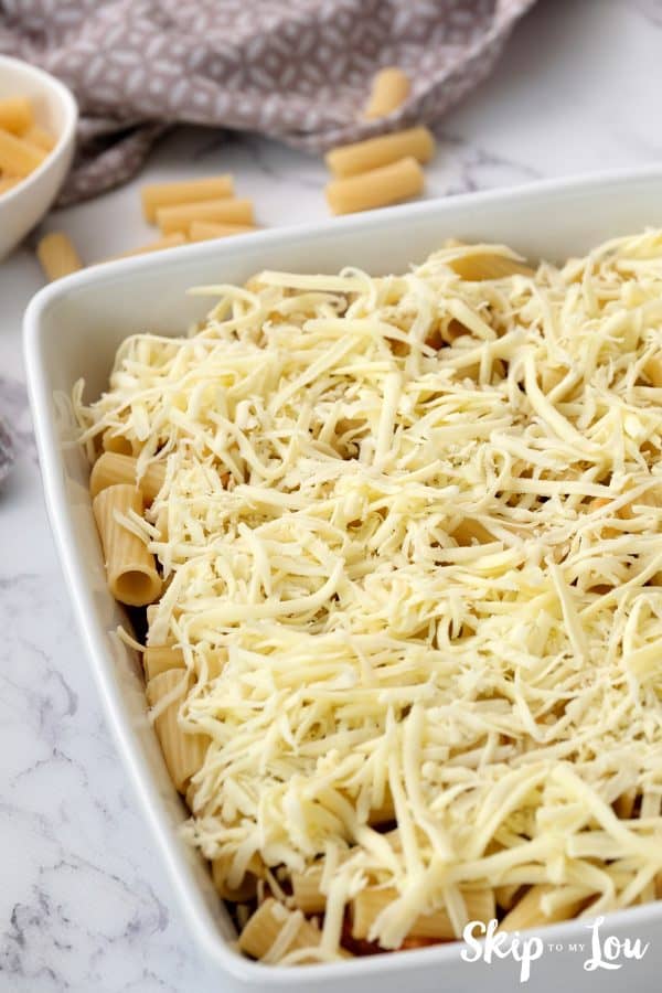 casserole has a layer of meat sauce, penne pasta and layer of mozzarella cheese