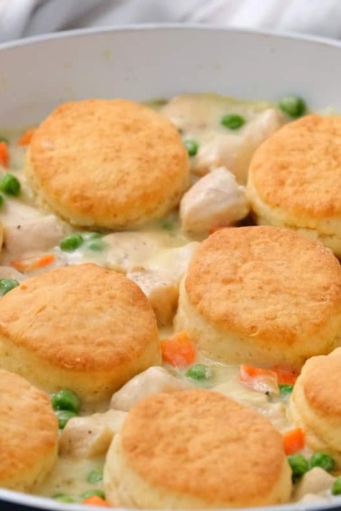 chicken pot pie with biscuits ready to serve