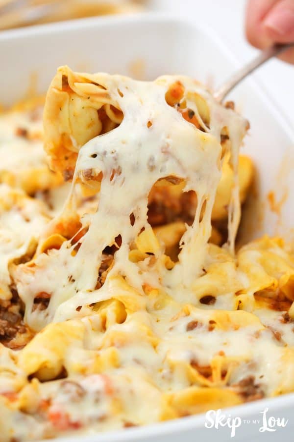 baked tortellini casserole being served 