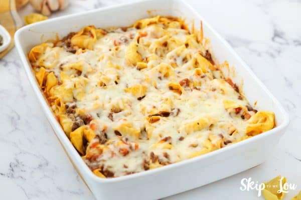 tortellini casserole has been baked until the cheese melted