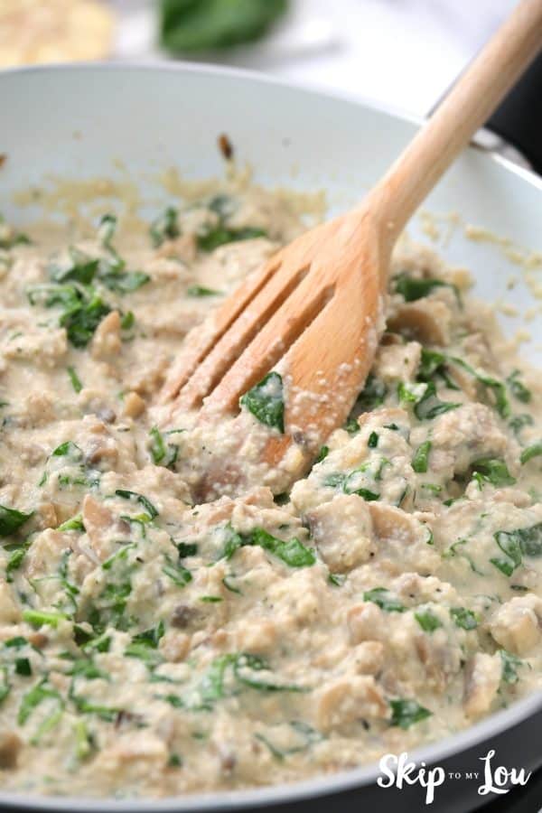 spinach added to the mushroom filling mixture for the for the gluten free dairy free lasagna