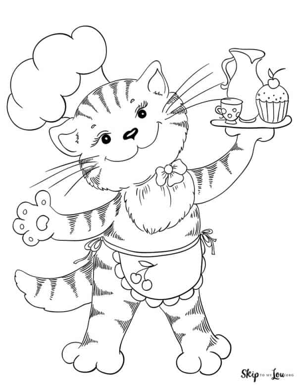 cat wearing chef hat and apron holding plate of cupcakes