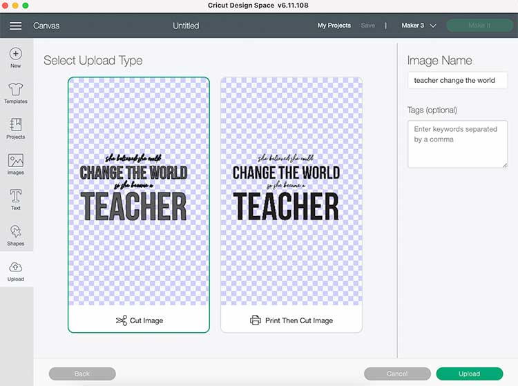 cricut design space screen select cut file