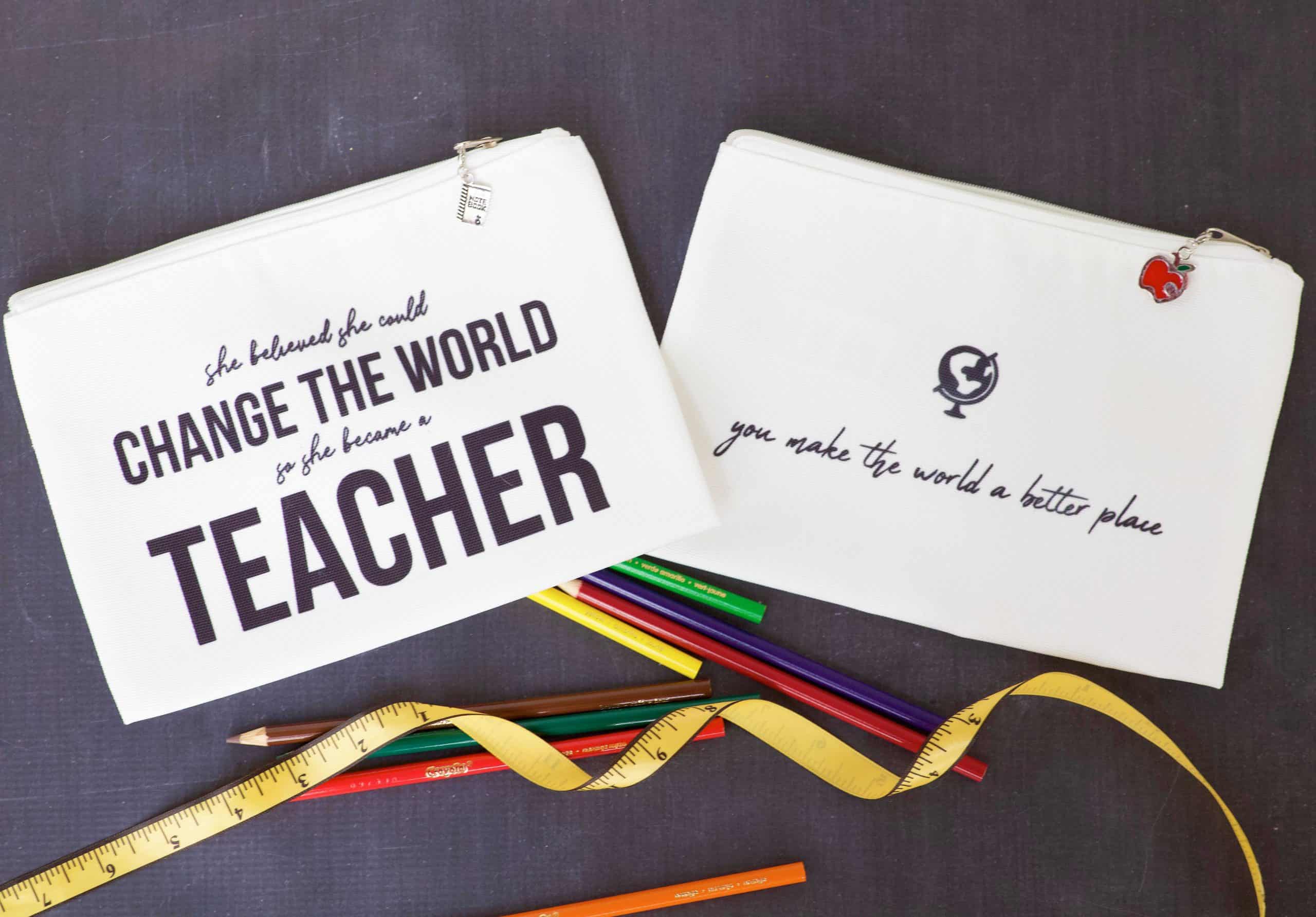 cricut cosmetic bags with cute sayings for teacher gifts
