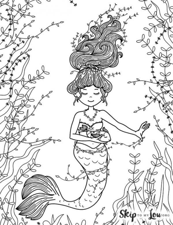 Beautiful Mermaid coloring page with floating hair surrounded by vines and holding a fish. -Skip To My Lou