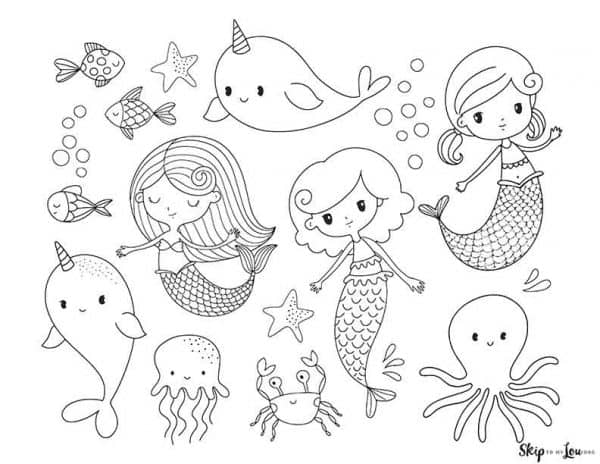 Three girl mermaids and sea Animals. -Skip To My Lou