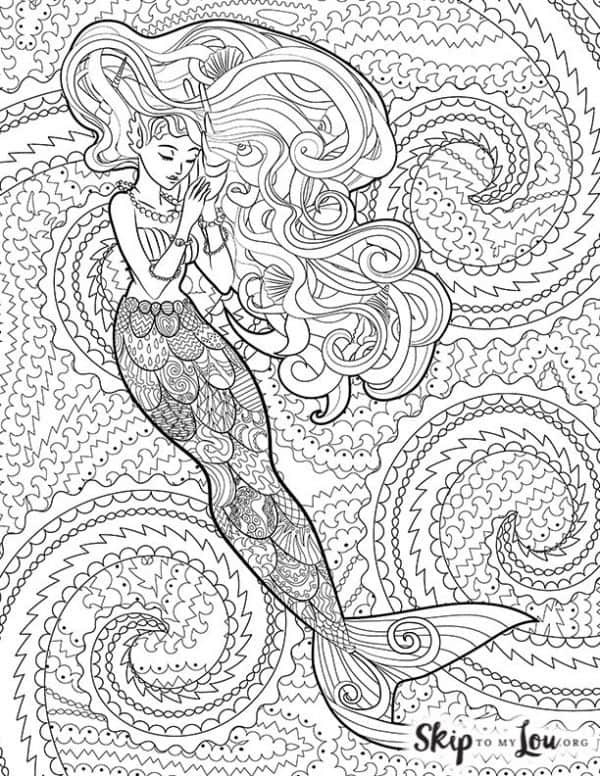 Realistic mermaid coloring page. She has long curling hair with a detailed wave background. -Skip To My Lou