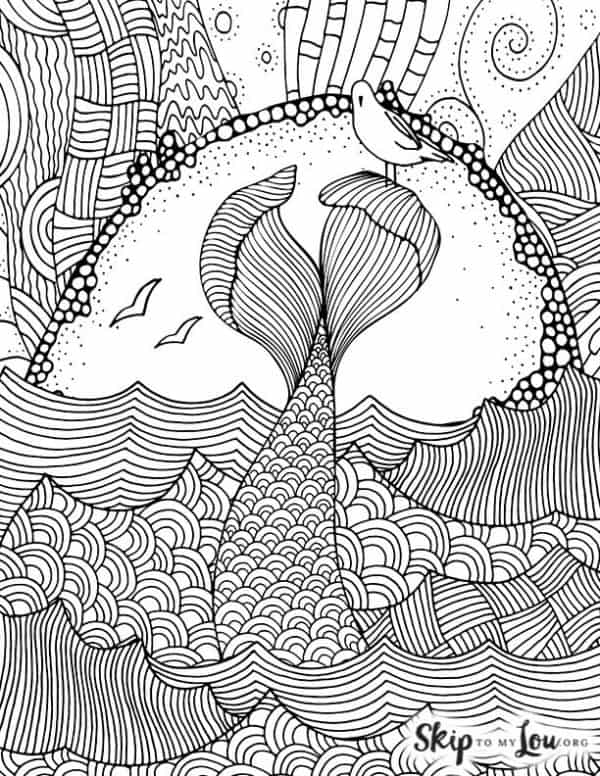Mermaid tail coloring page with waves and a seagull. -Skip To My Lou