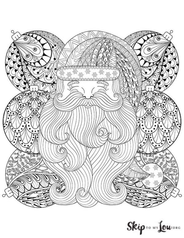 Detailed Santa with ornaments coloring page. -Skip To My Lou