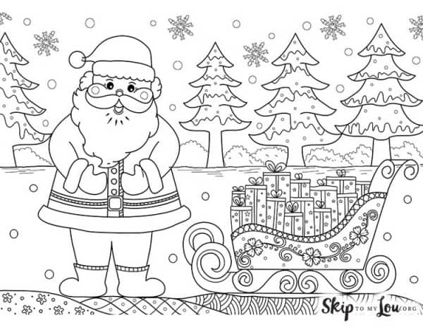 Santa with sleigh filled with presents coloring page. -Skip To My Lou