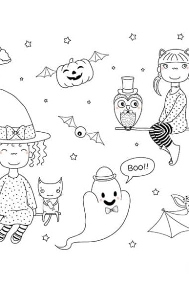 witches flying on brooms with flying bats pumpkins and ghosts