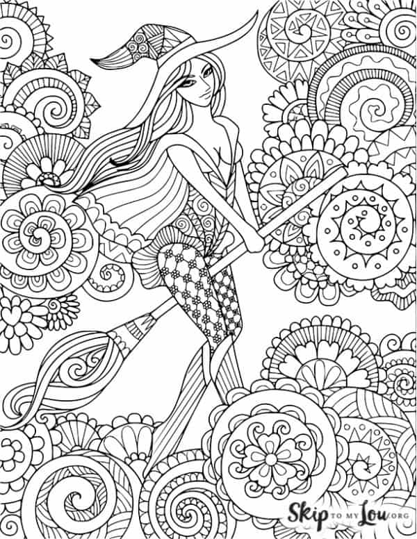 detailed fancy witch with lots of patterns to color on a broom