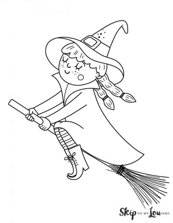 cute witch flying on a broom with her eyes closed
