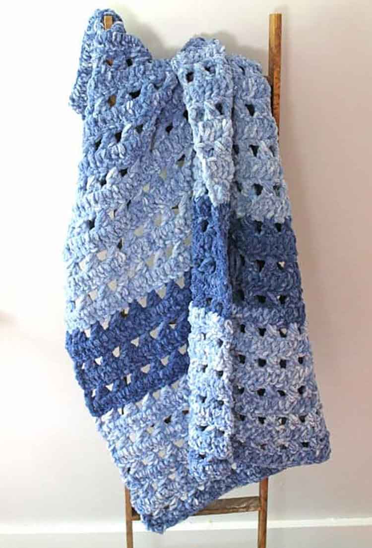 blue stripe blanket made from chenille yarn