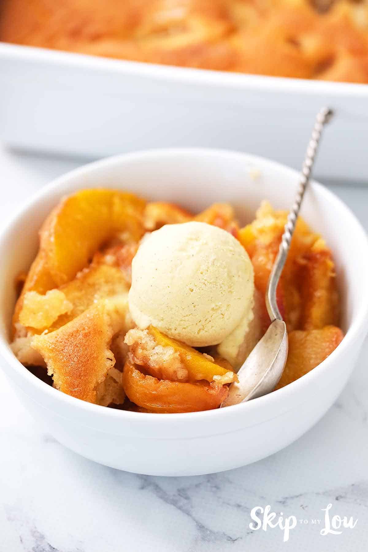 homemade peach cobbler in bowl