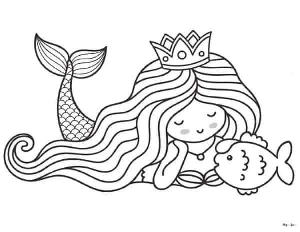Cartoon style cute Mermaid with a jeweled crown looking a fish. -Skip To My Lou