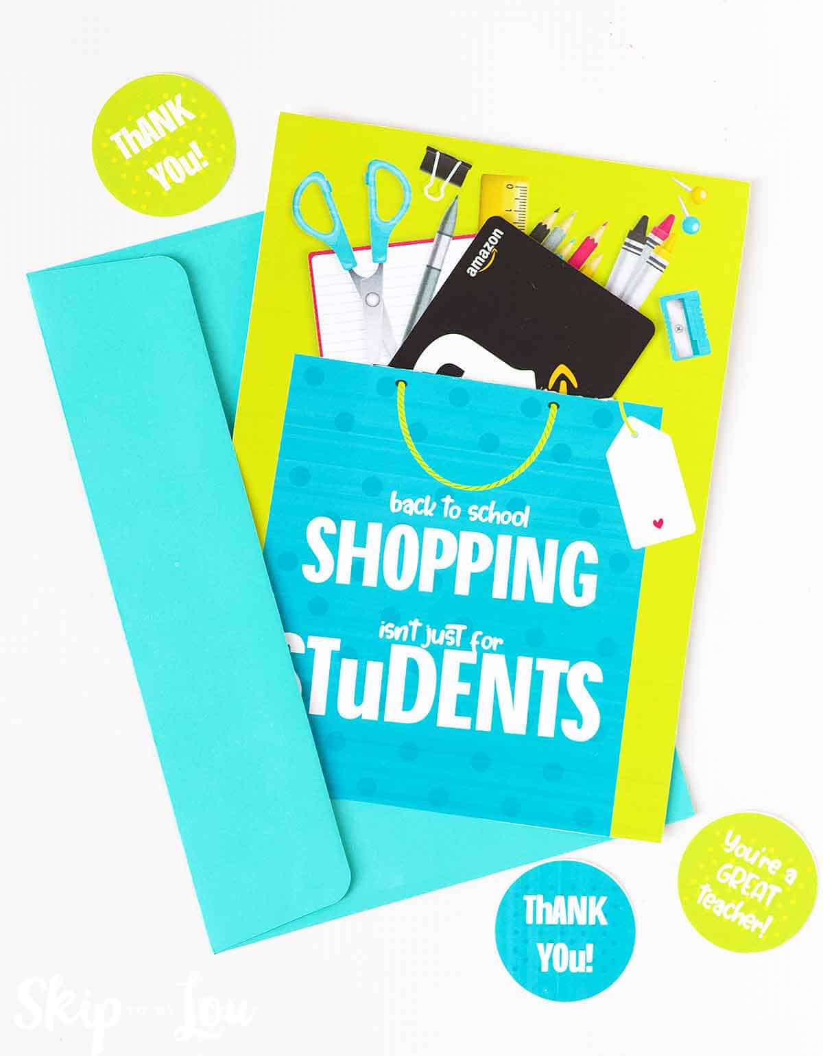 teacher gift card holder with amazon gift card and sticker around the edge
