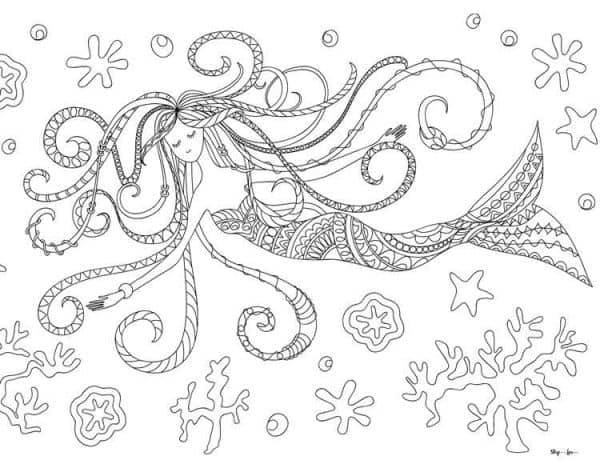 Swimming mermaid coloring page with shells and coral in the background. -Skip To My Lou