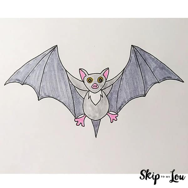 gray bat with open wings, a white fur chest, yellow and black eyes, pink nose and pink feet