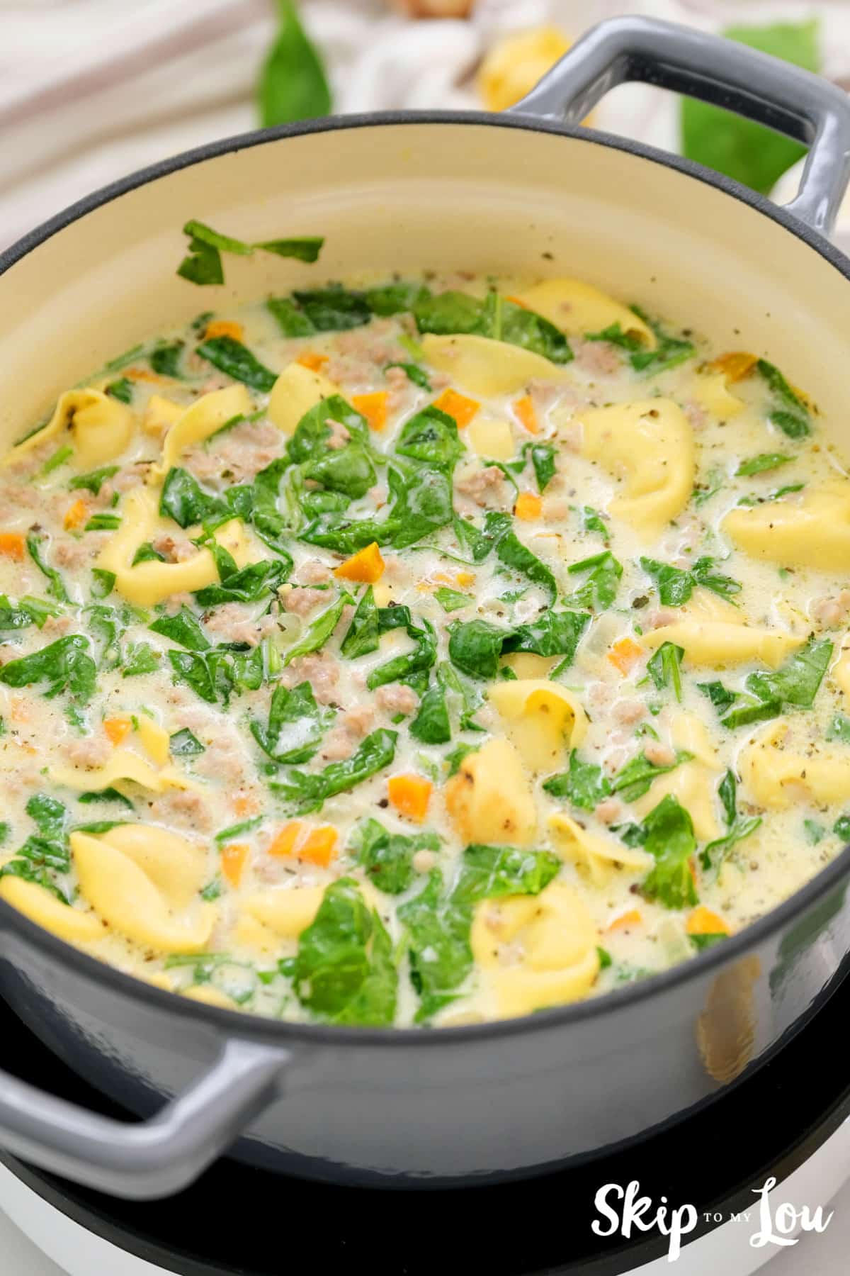 large pot with tortellini, spinach, cream, carrots, onions and broth