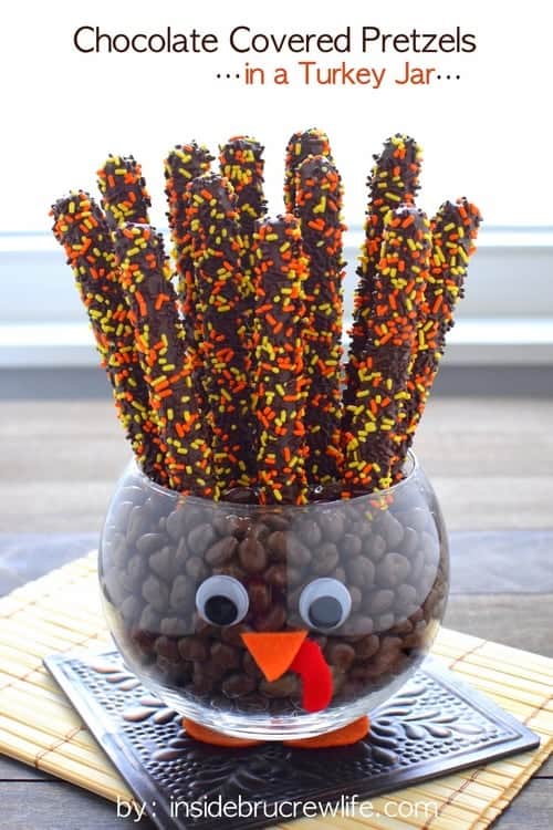 chocolate covered pretzels in a turkey jar