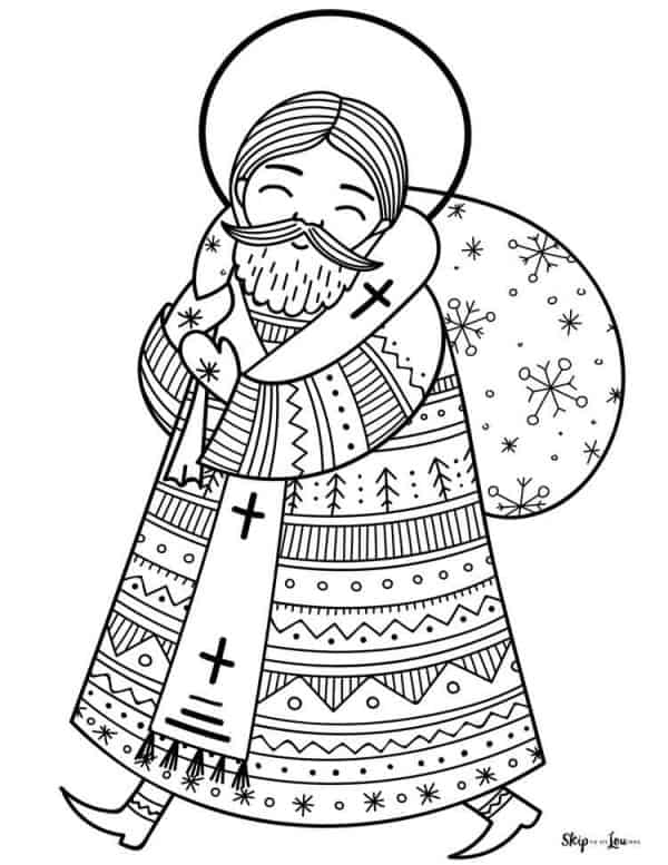 Saint Nicholas (Santa) holding a bag of toys coloring page. -Skip To My Lou