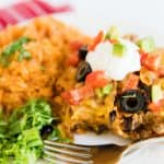 Doritos Casserole recipe on plate with side of rice