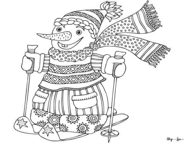 snowman on skis coloring page