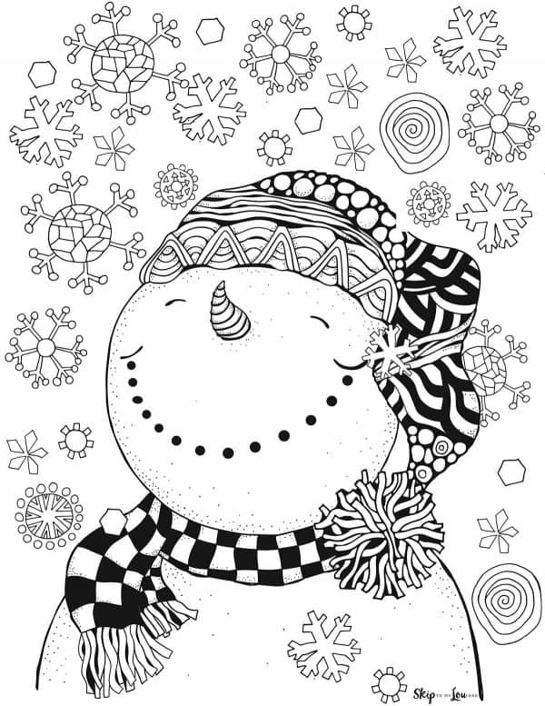 snowman with snow falling coloring page
