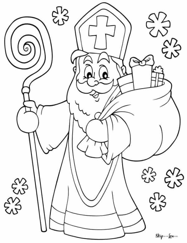 Saint Nicholas (Santa) holding a bag of toys and a staff coloring page. -Skip To My Lou