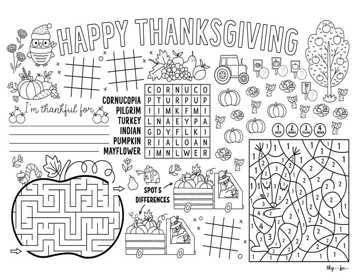 Multi-games Thanksgiving Placemat with cute thanksgiving pictures. I am thankful to fill in, word search, maze, tick-tac-toe, spot the differences, and color by number