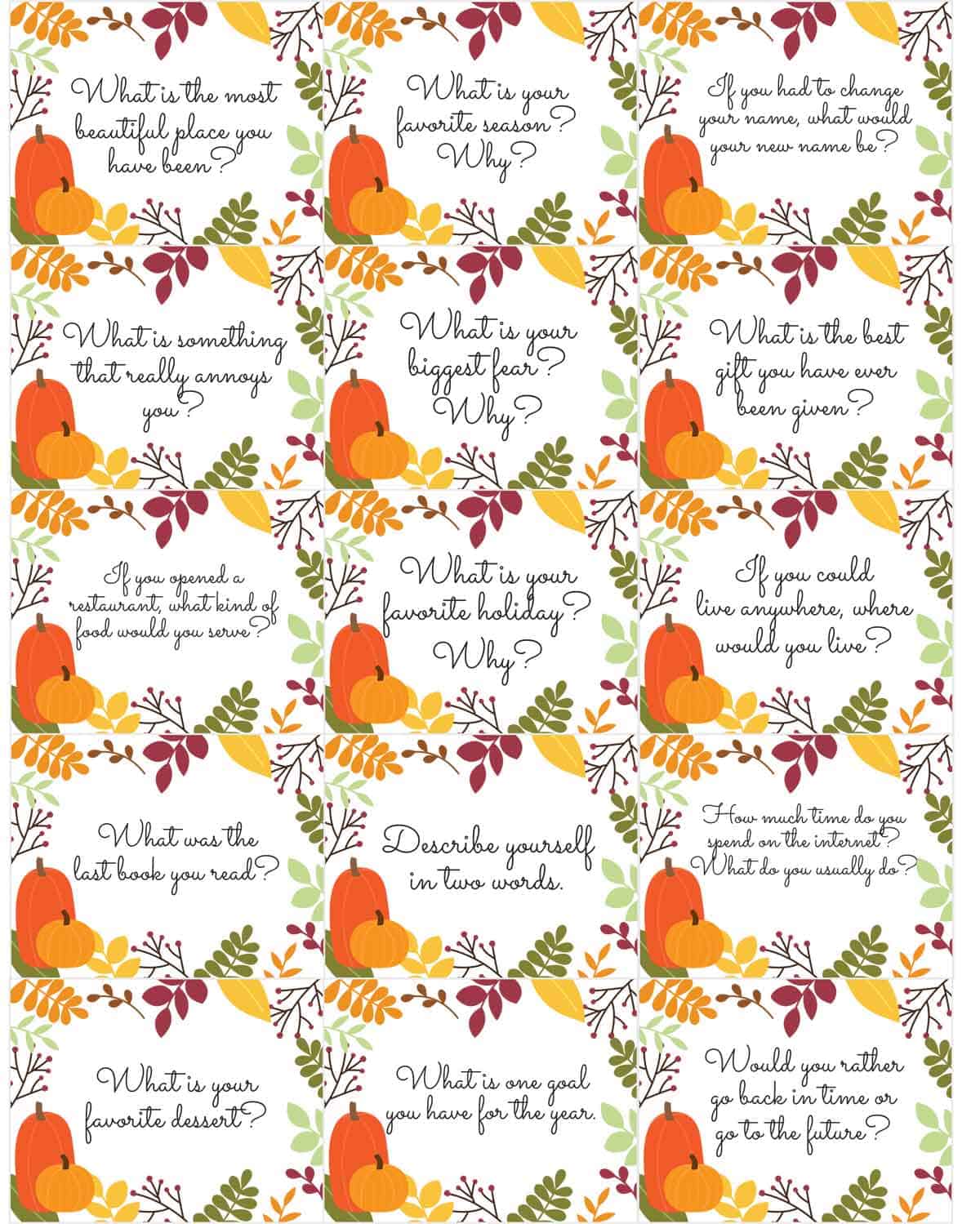 More printable Thanksgiving conversation starters with a pumpkin background.